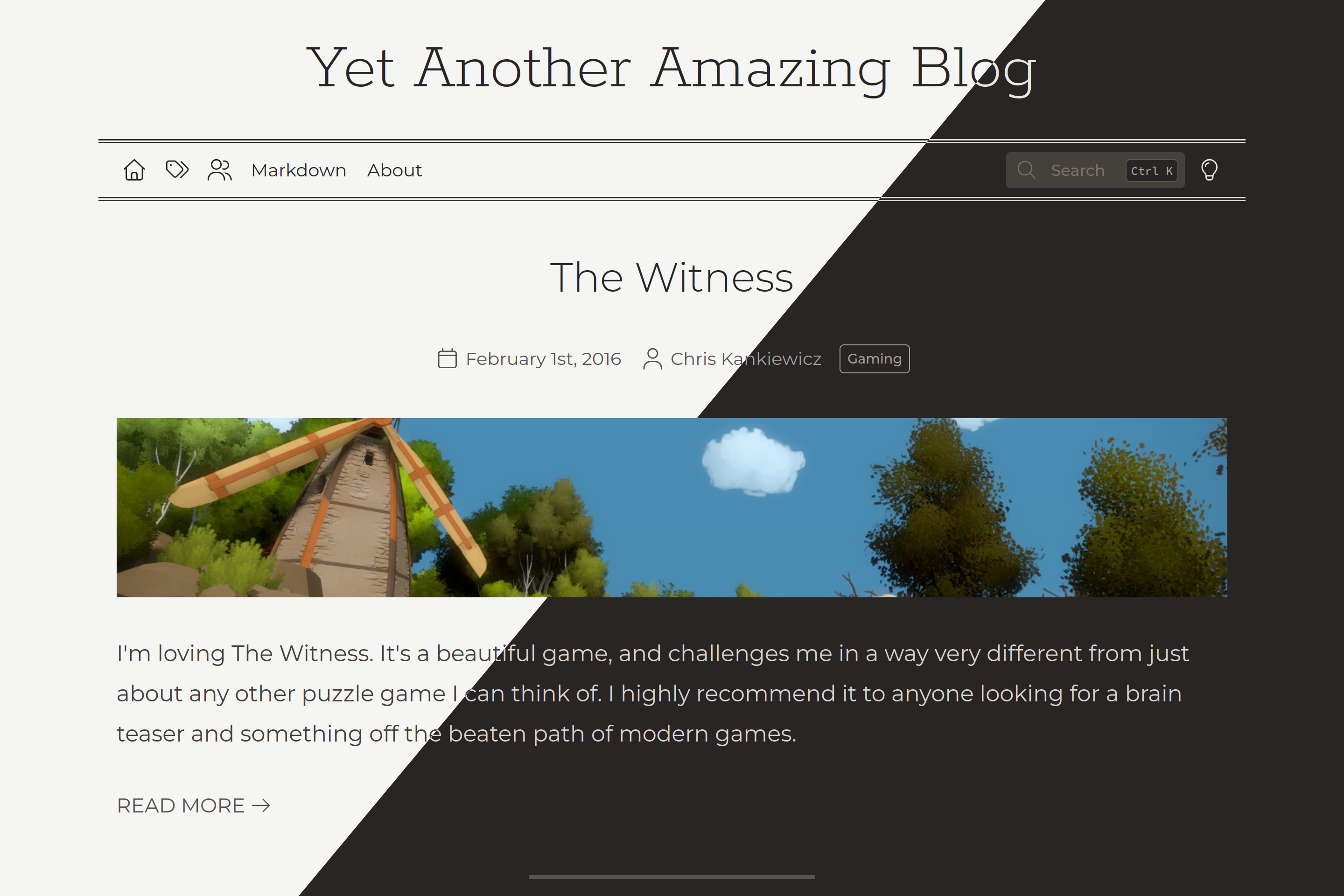 A preview of a Plume blog showing a post titled The Witness with a clean, readable layout.